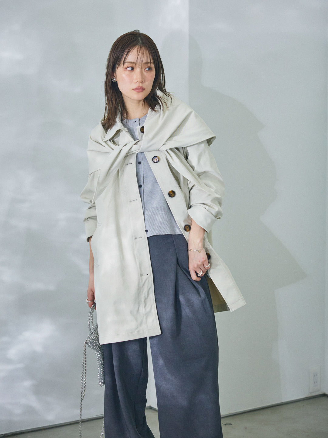 【Allure】[SET]スカーフ付ステンカラーミディアムコート+スカーフ付ステンカラーミディアムコート(2set)