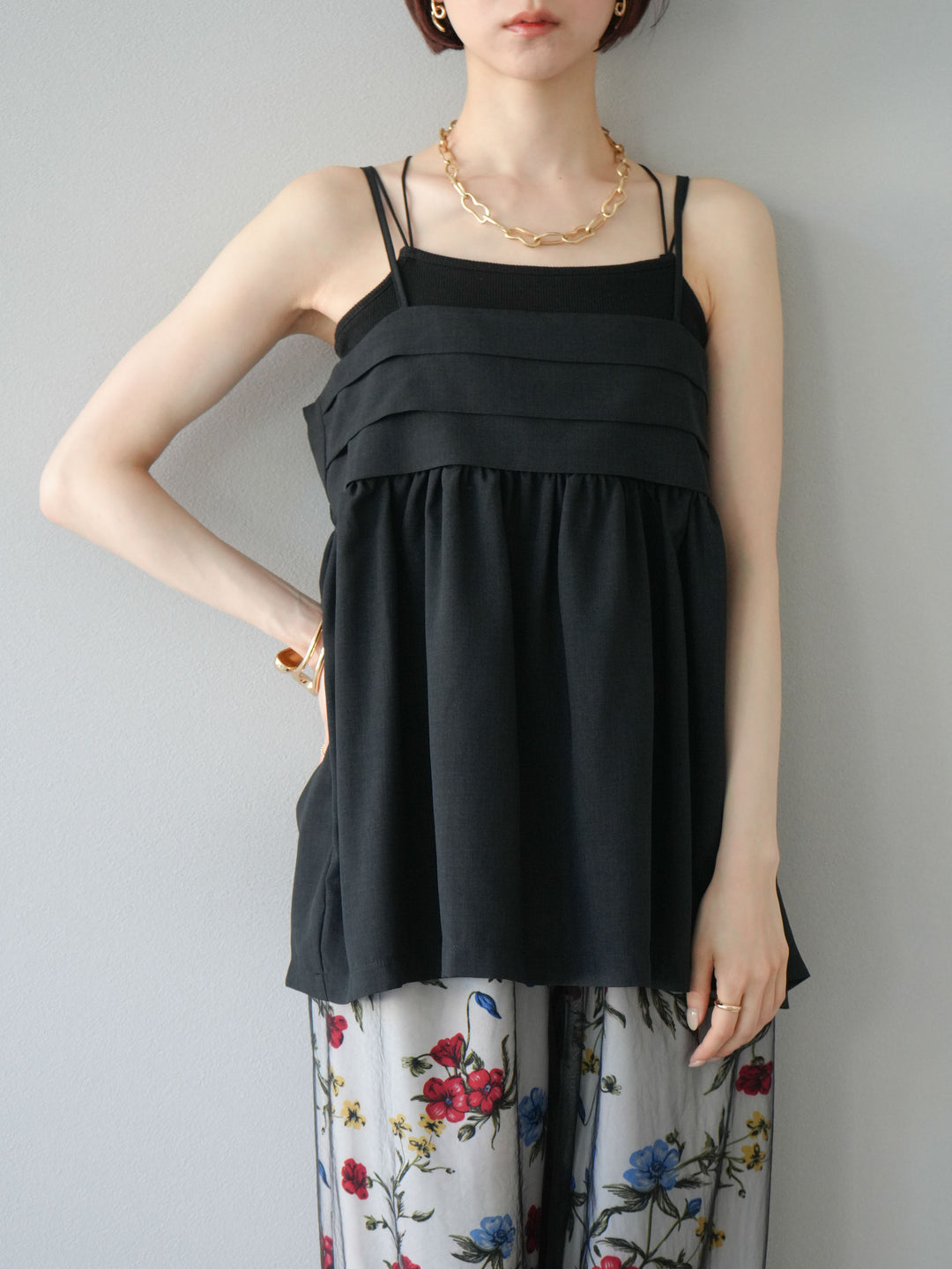 [予約]リネンライクビスチェデザインキャミソール/ブラック