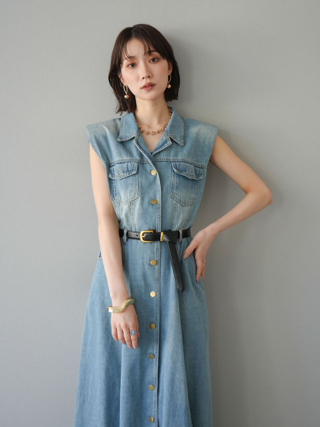 [予約]ベルト付デニムシャツデザインワンピース/ライトブルー