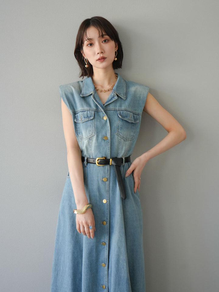 [予約]ベルト付デニムシャツデザインワンピース/ライトブルー