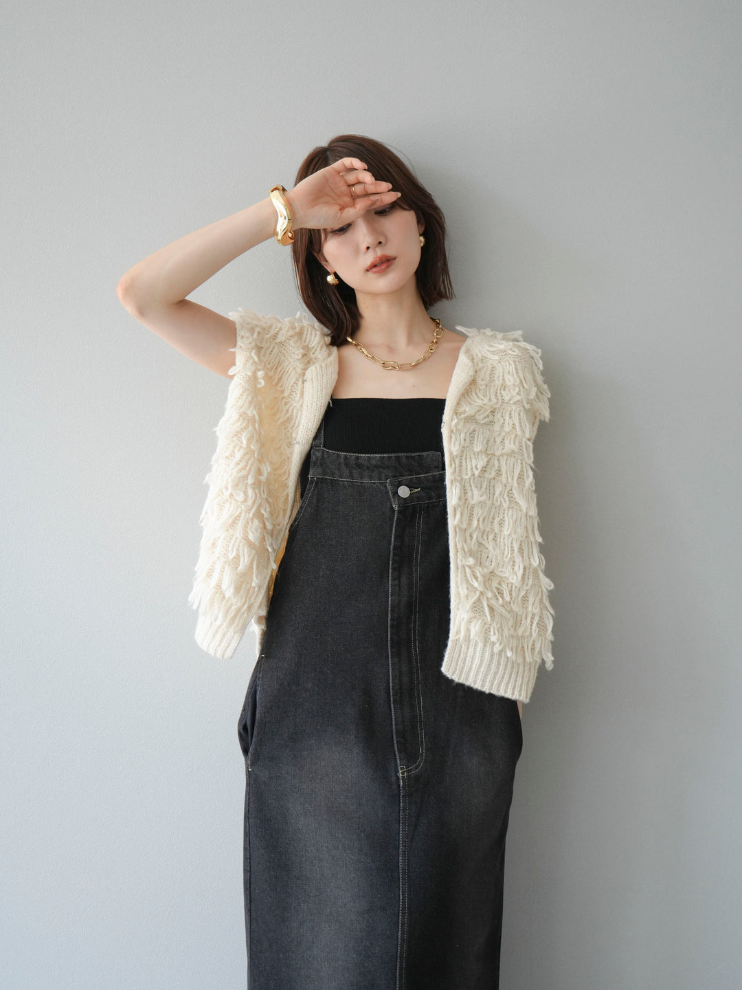 [SET]ループデザインベスト+アシンメトリーデニムワンピース(2set)