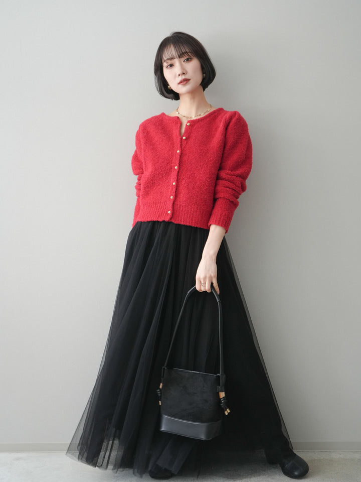 [SET]ゴールドボタンブークレニットカーディガン+チュールボリュームスカート(2set)