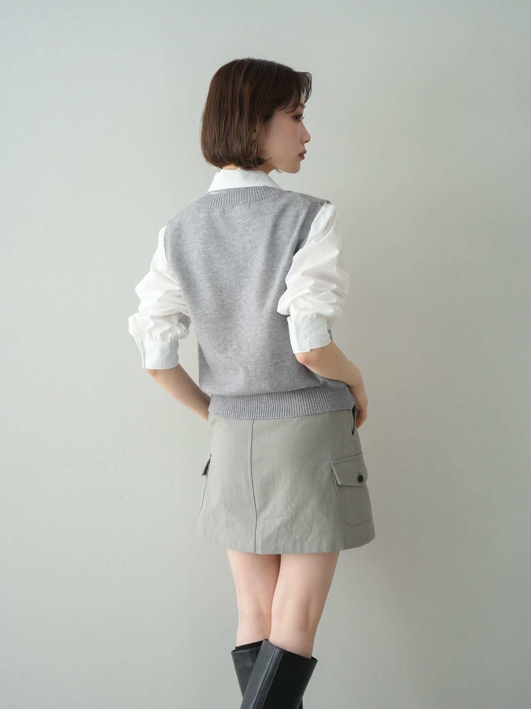 【套裝】蝴蝶結針織背心套裝襯衫+繫帶工裝迷你裙（兩件組）