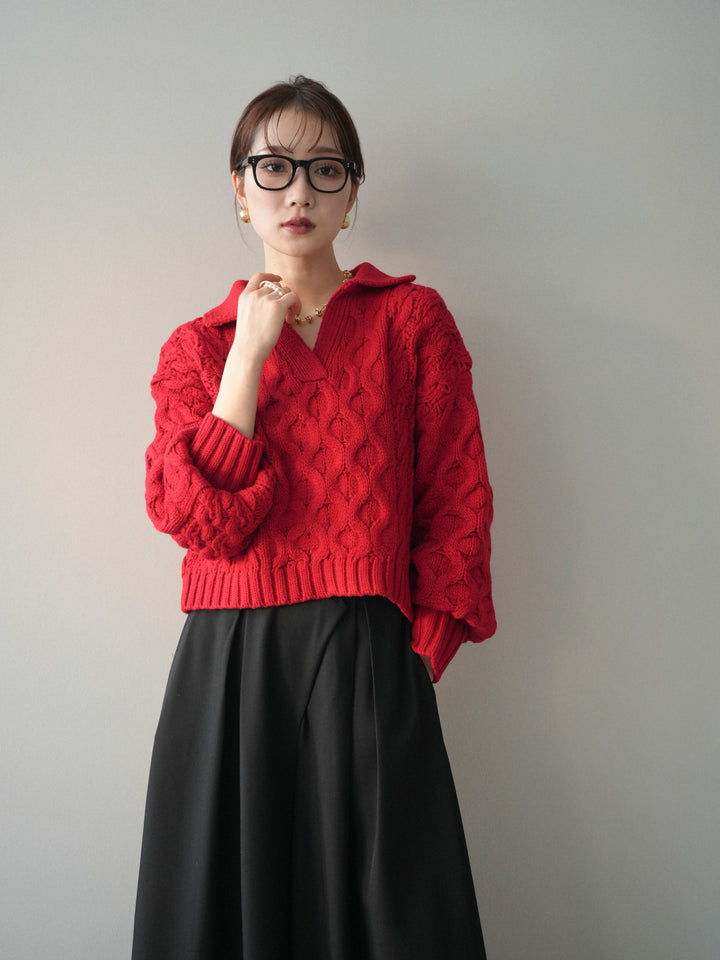 [予約]バルキーケーブルクロップド開襟プルオーバー/red