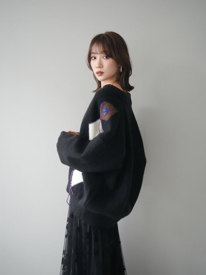 [SET]ハンドステッチアーガイルデザインニットカーディガン+フラワーフロッキーチュールプリーツスカート(2set)