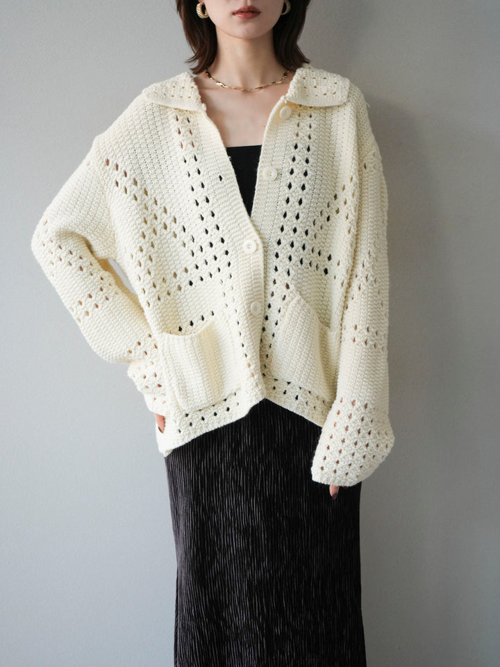 [予約]丸襟透かし編みニットカーディガン/オフ
