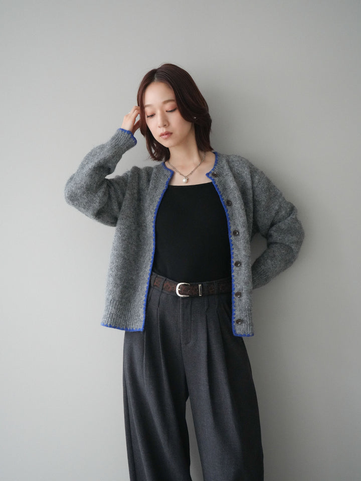 [SET]三角ステッチニットカーディガン+アニマル柄ベルト付きウールタッチワイドパンツ(2set)