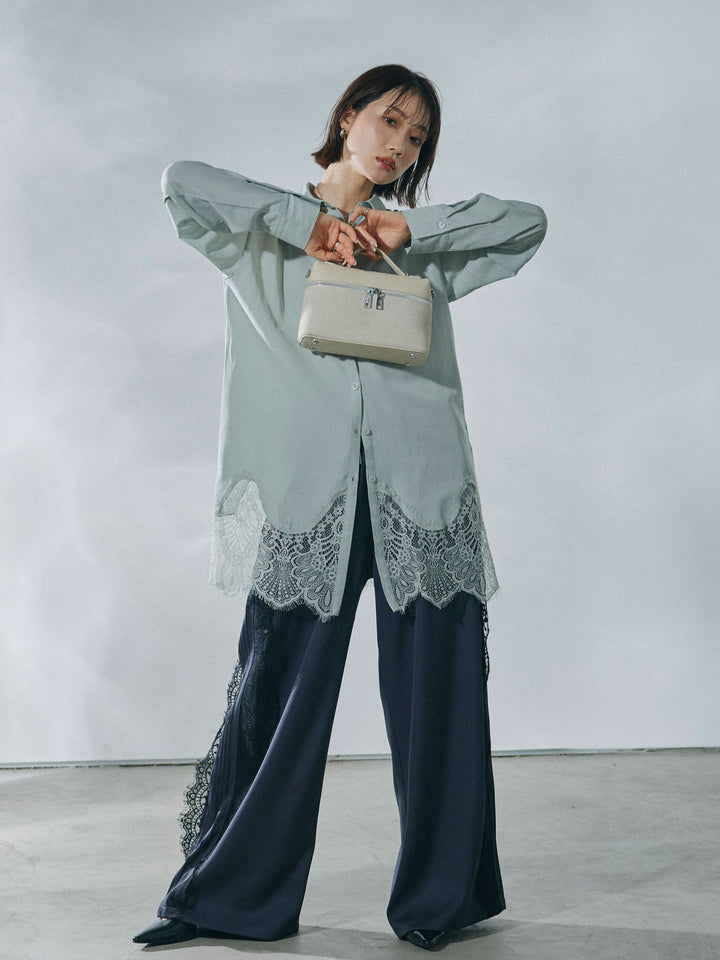 【Allure】[SET]裾レースポプリンシャツ+サイドピンタックレースイージーワイドパンツ(2set)