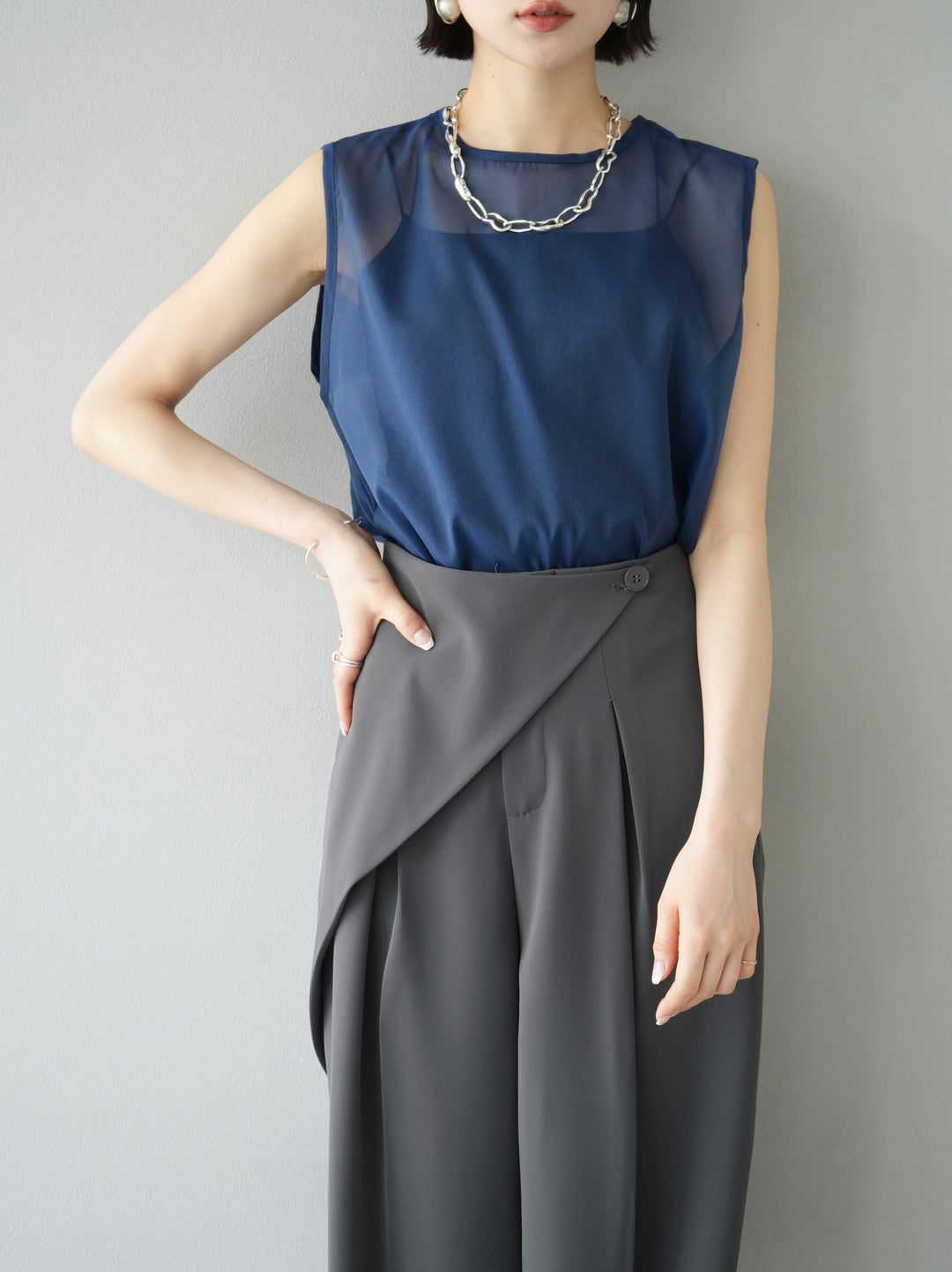 [SET] Organza sleeveless top + wrap wide pants (2set)