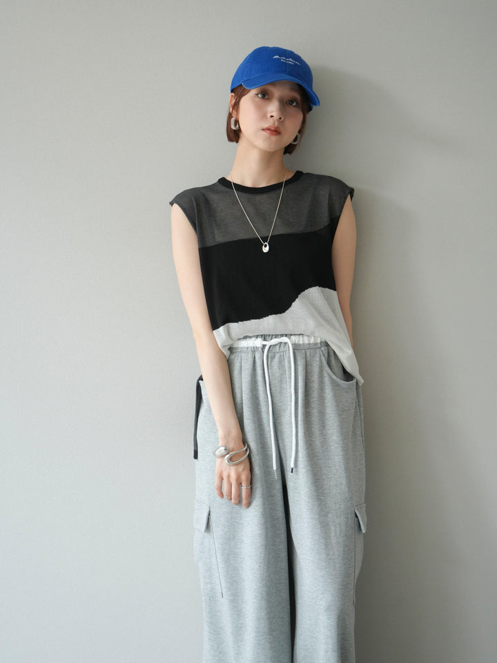 [SET]バイカラーシアーニットノースリーブ+ウエストラインサイドポケットスウェットパンツ(2set)