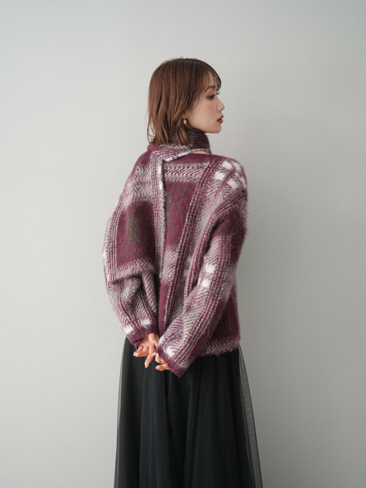 [予約]ストール付シャギーチェックニットプルオーバー/red