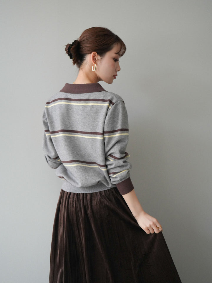 [予約]配色マルチボーダーポロニットカーディガン/gray