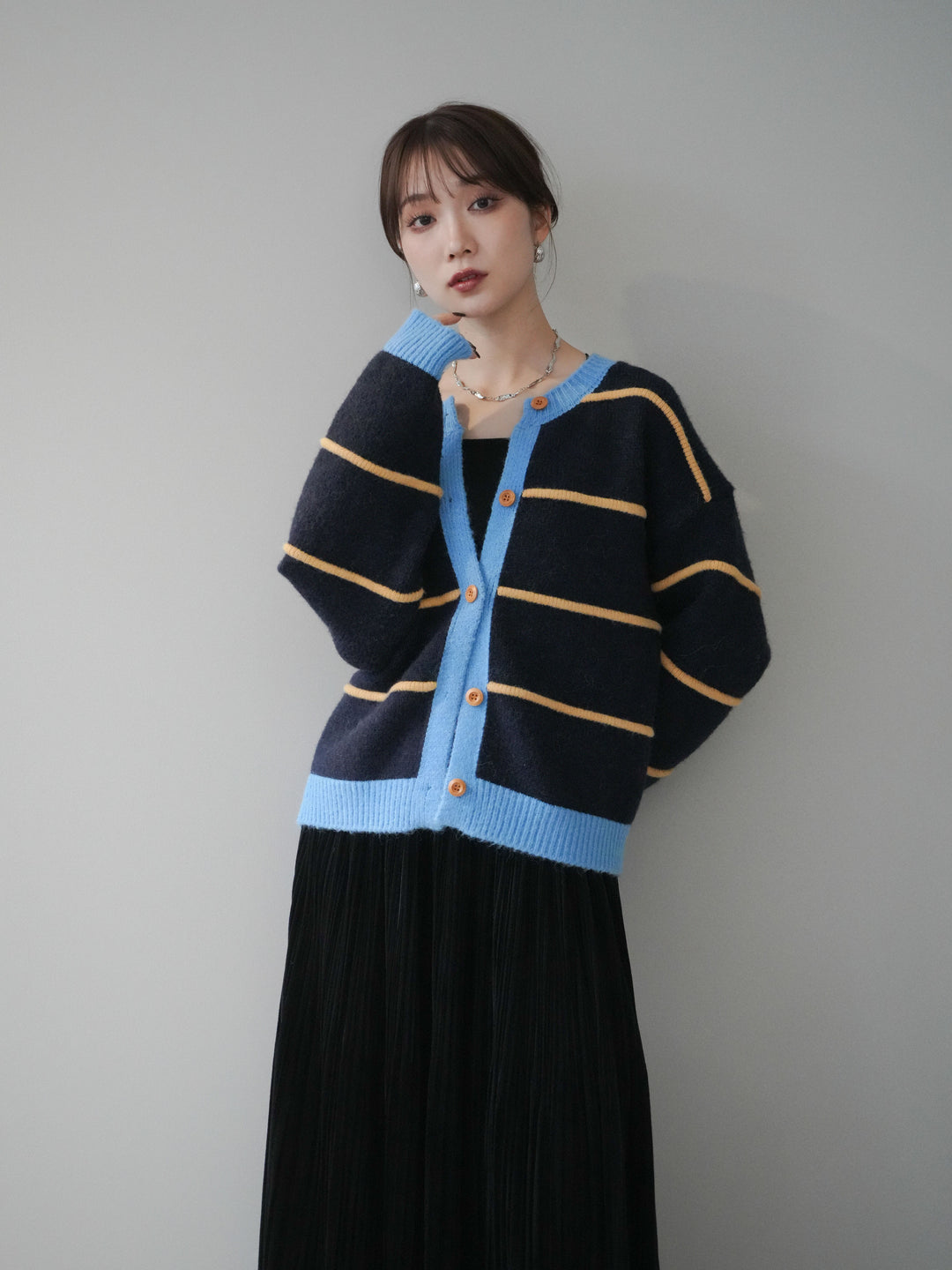 [予約]配色ボーダーニットカーディガン/navy