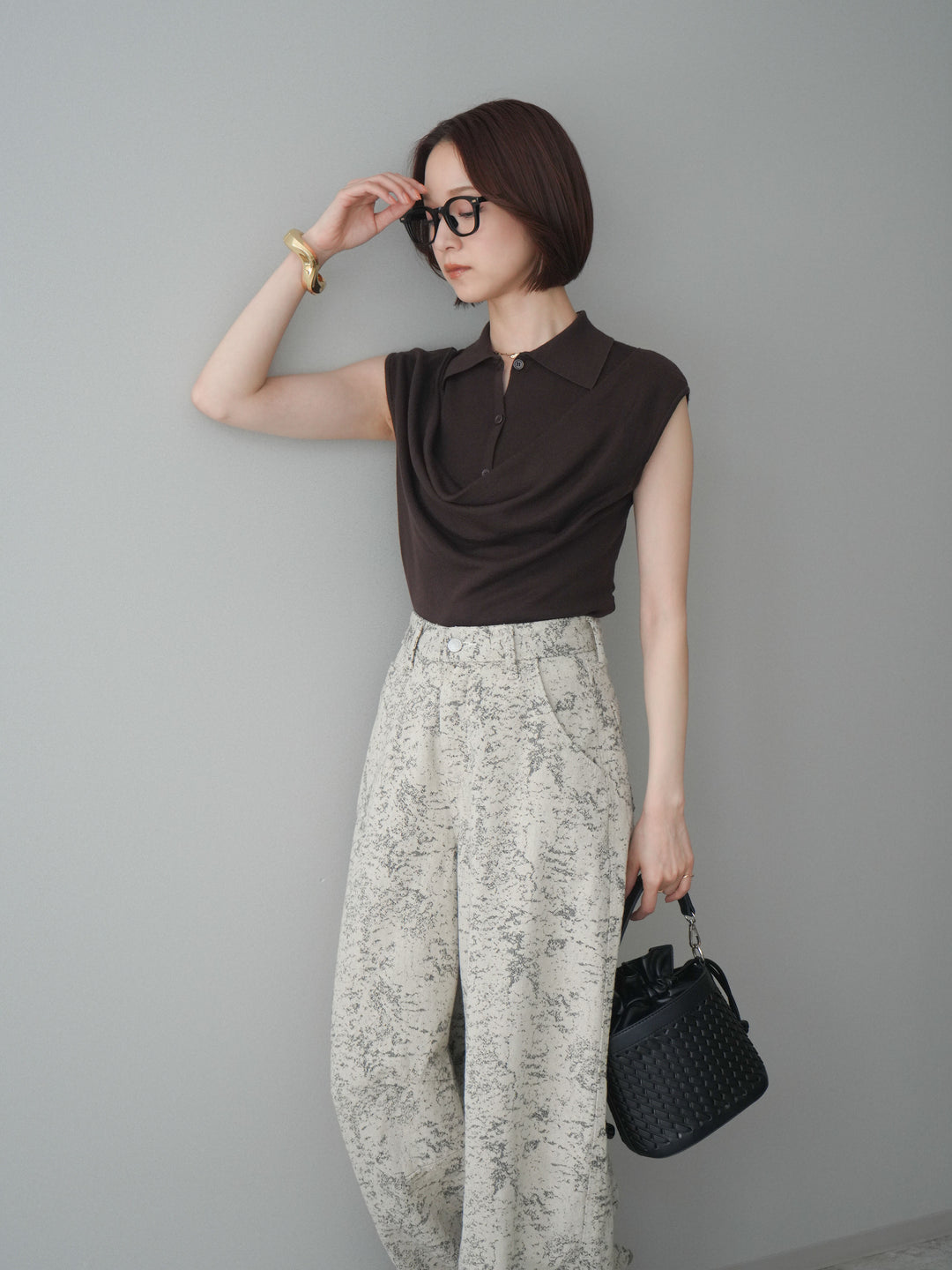 [予約]ノースリーブドレープニットトップス/brown