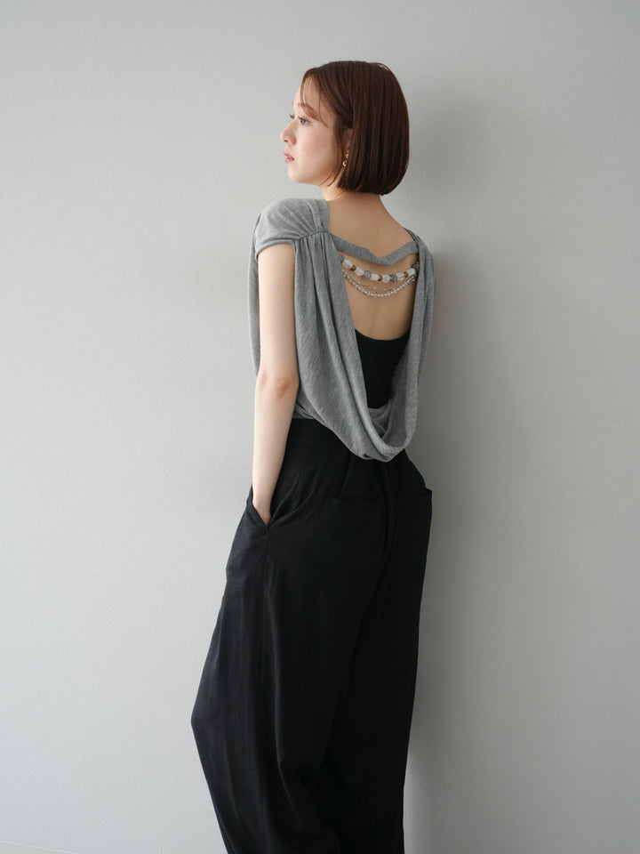 [予約]ビーズチェーン付ドレープトップス/グレー