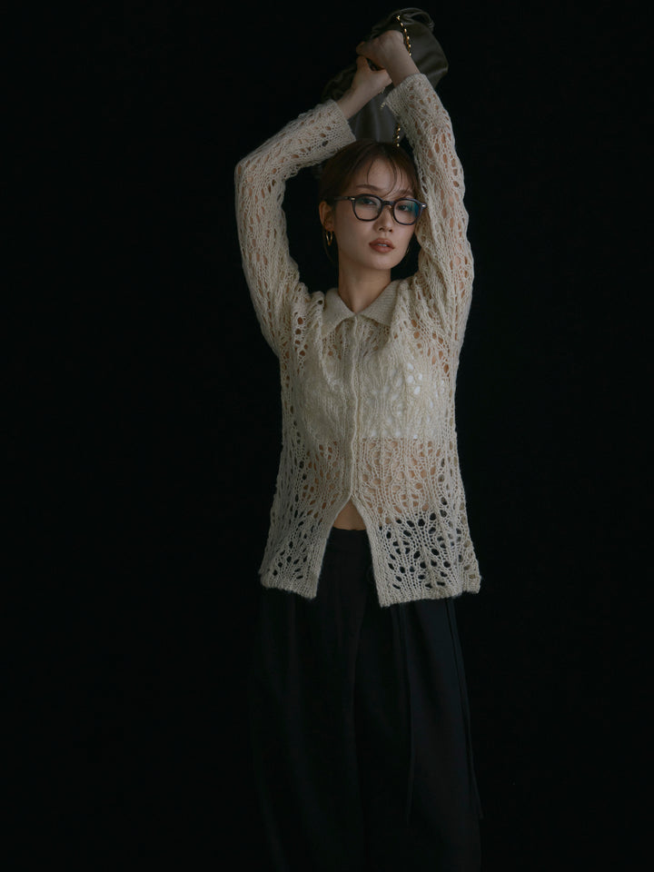 【Allure】[SET]ローゲージ透かし編みポロニッカーディガン+ラップデザインタックワイドパンツ(2set)