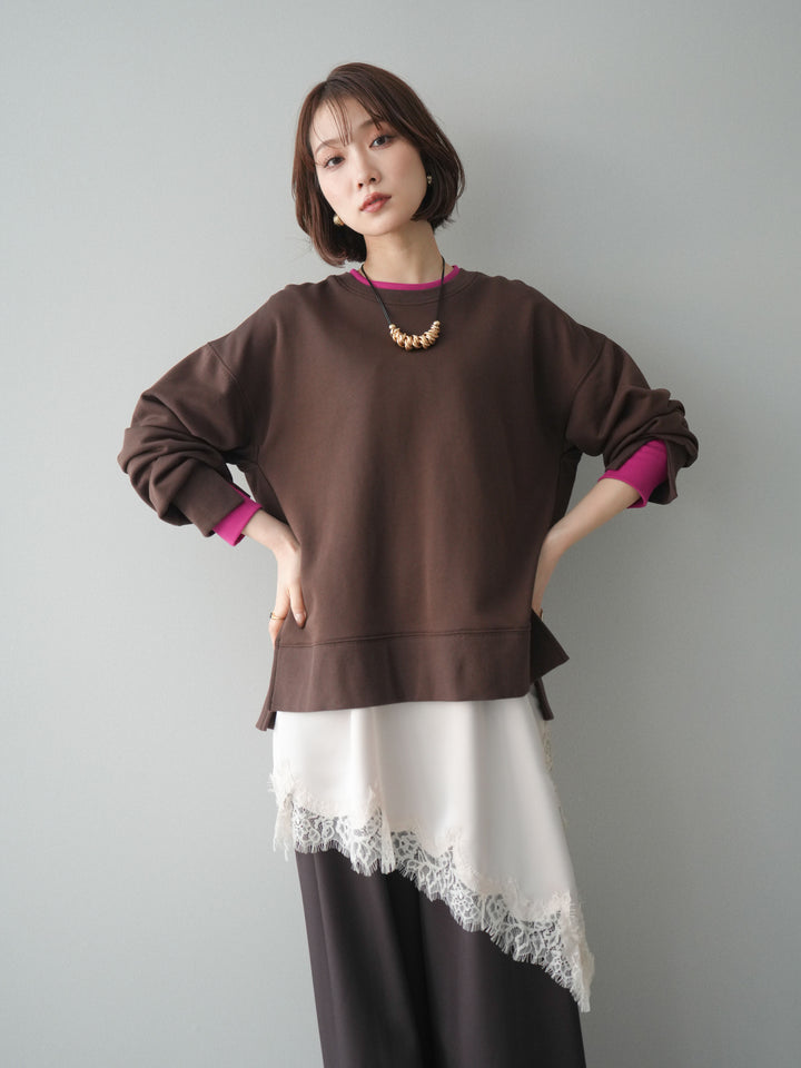 [SET]配色レイヤードデザインスエットプルオーバー+アシンメトリーサテンレースキャミソール(2set)