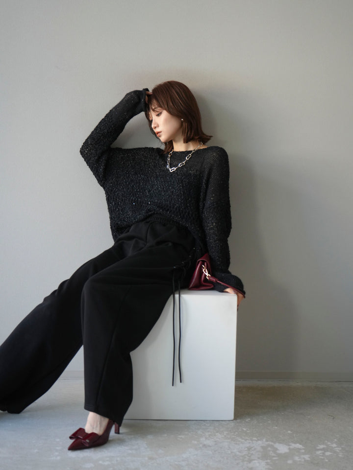 [予約]ミックスヤーンデザイン編みメッシュニットプルオーバー/ブラック