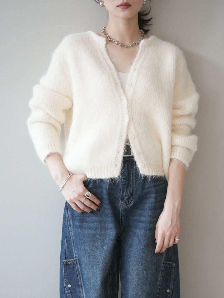 [SET]キーネックシャギーニットカーディガン+カーゴデザインコクーンデニムパンツ(2set)