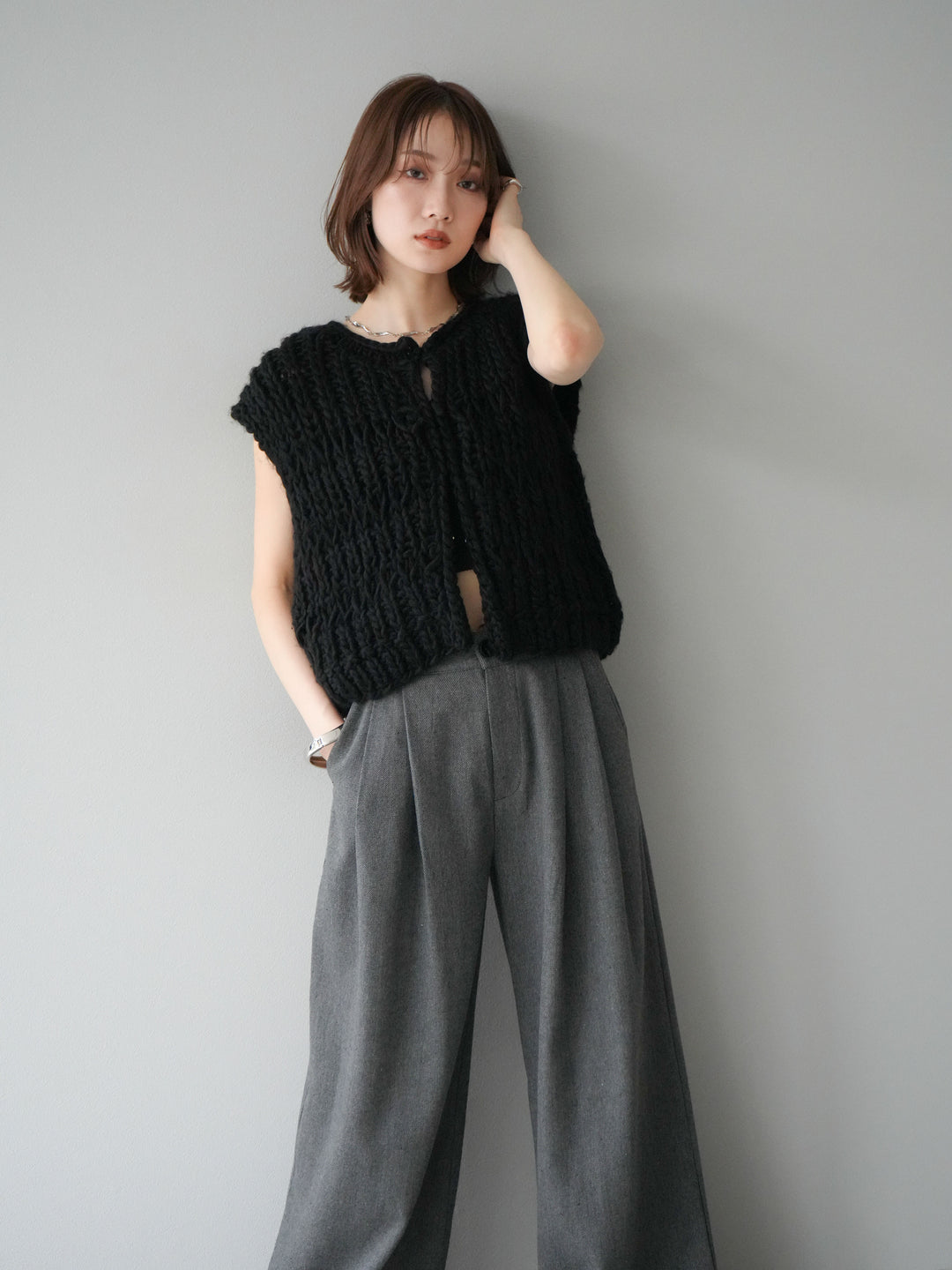 [SET] 手編繩結背心+粗花呢觸感褶皺寬褲（2件組）