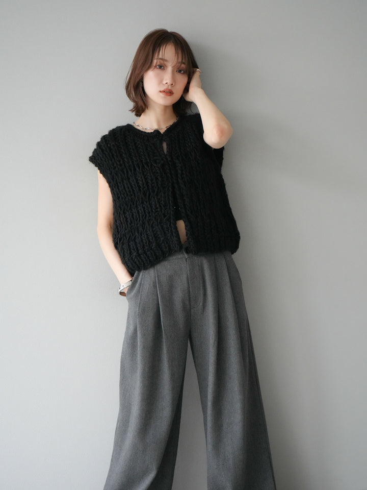 [SET] 手編繩結背心+粗花呢觸感褶皺寬褲（2件組）