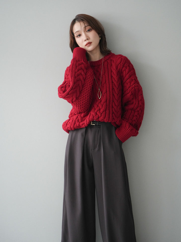 [SET]ボリュームケーブルニットプルオーバー+ベルトループデザインワイドパンツ(2set)
