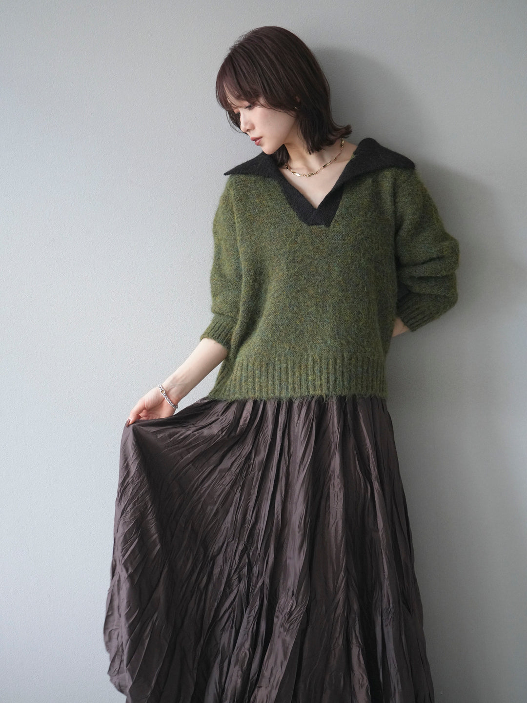 [予約]バイカラー襟付きニットプルオーバー/green