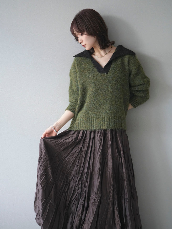 [予約]バイカラー襟付きニットプルオーバー/green