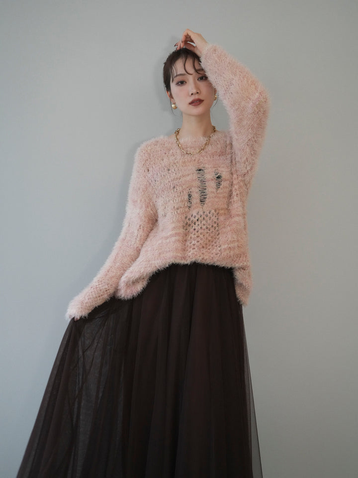 [予約]ミックスシャギールーズニットプルオーバー/pink