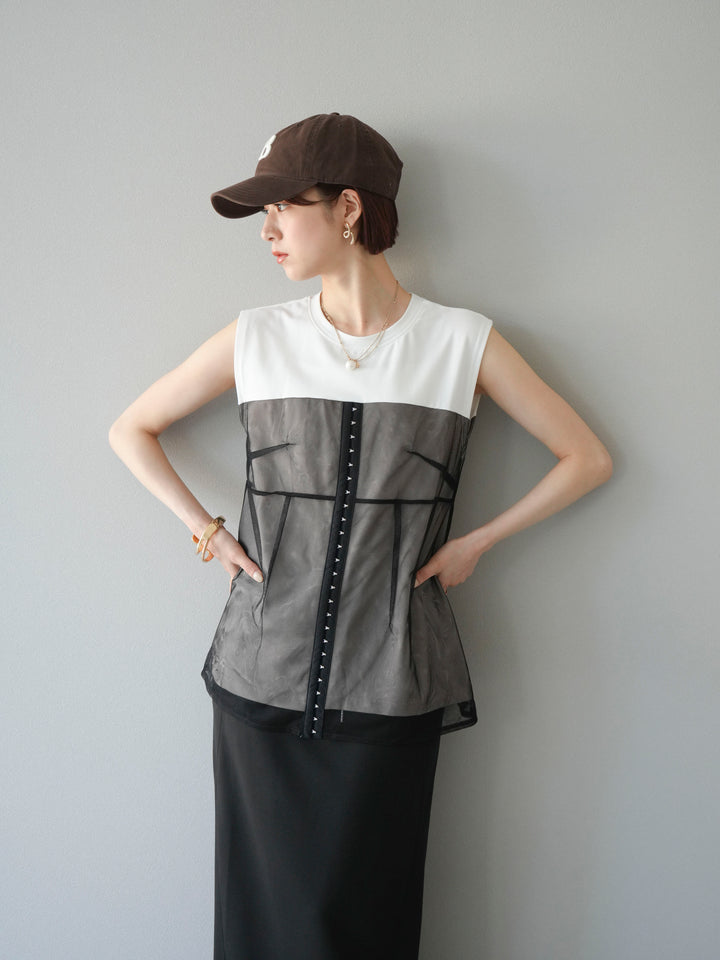 [預訂] 薄紗對接鉤設計剪裁套頭衫/脫下