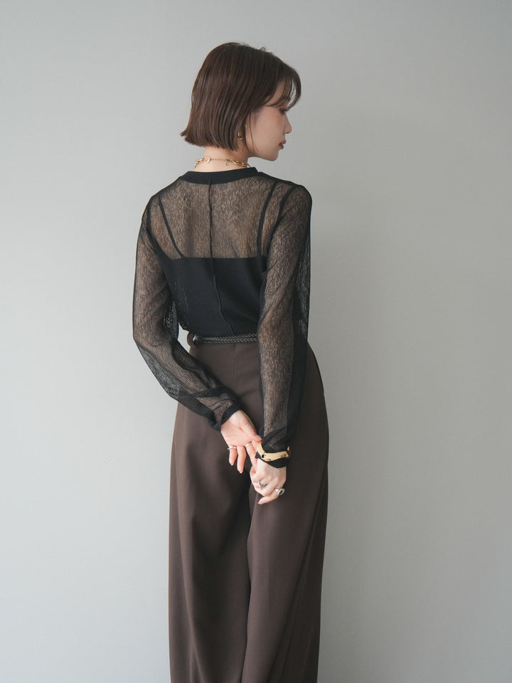 [SET]シアーストライプメッシュトップス+ドレープタックベルトループパンツ(2set)