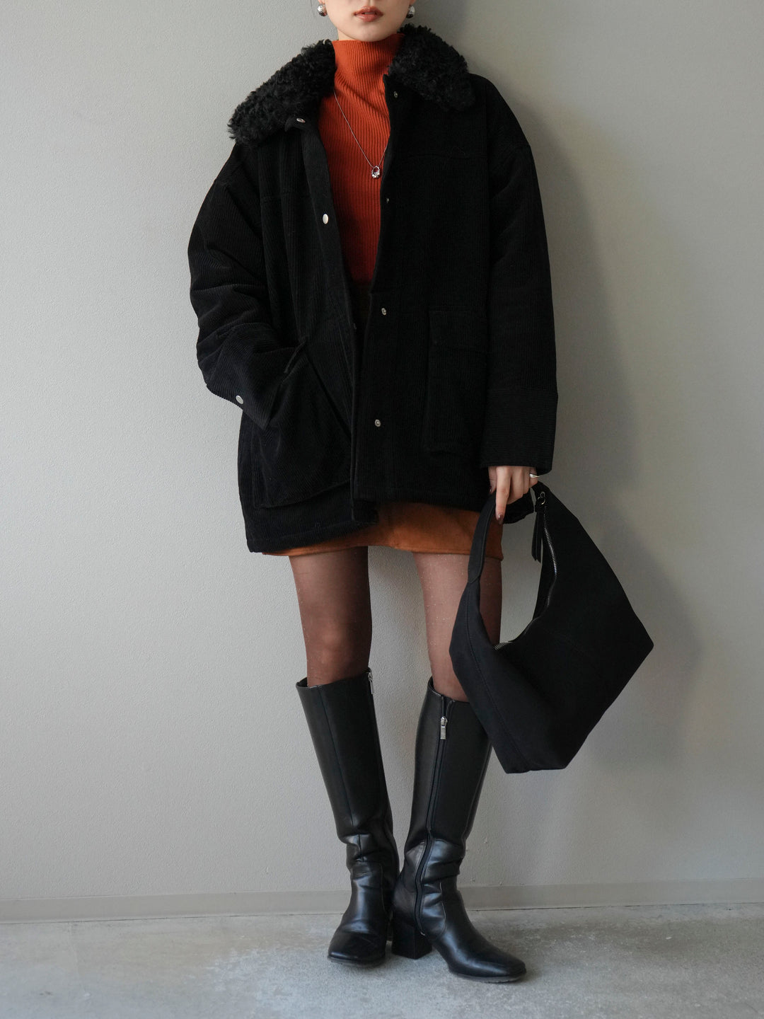 [予約]コーデュロイボア襟フライトジャケット/ブラック