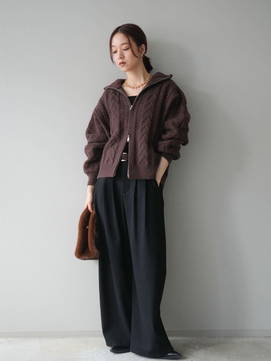 [予約]アニマル柄ベルト付きウールタッチワイドパンツ/black