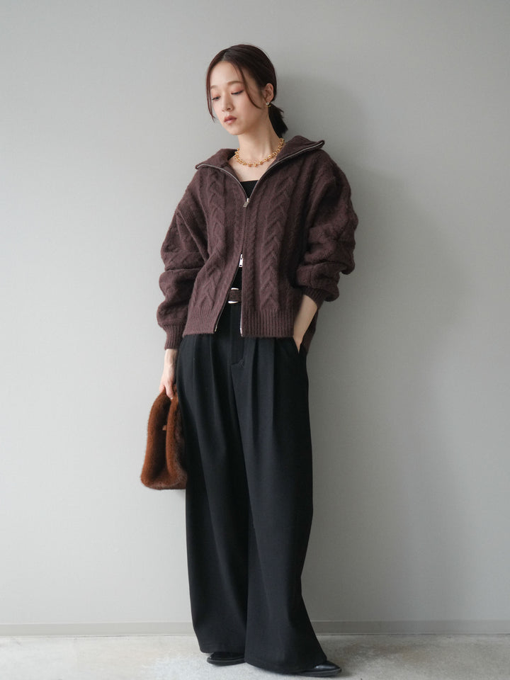 [予約]アニマル柄ベルト付きウールタッチワイドパンツ/black