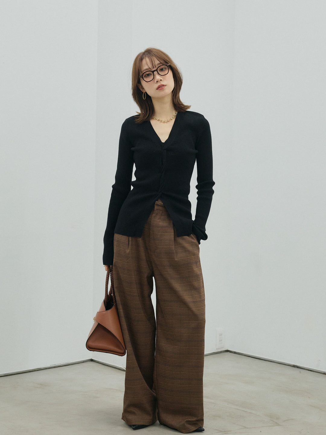 [予約]チェック柄タックワイドパンツ/brown