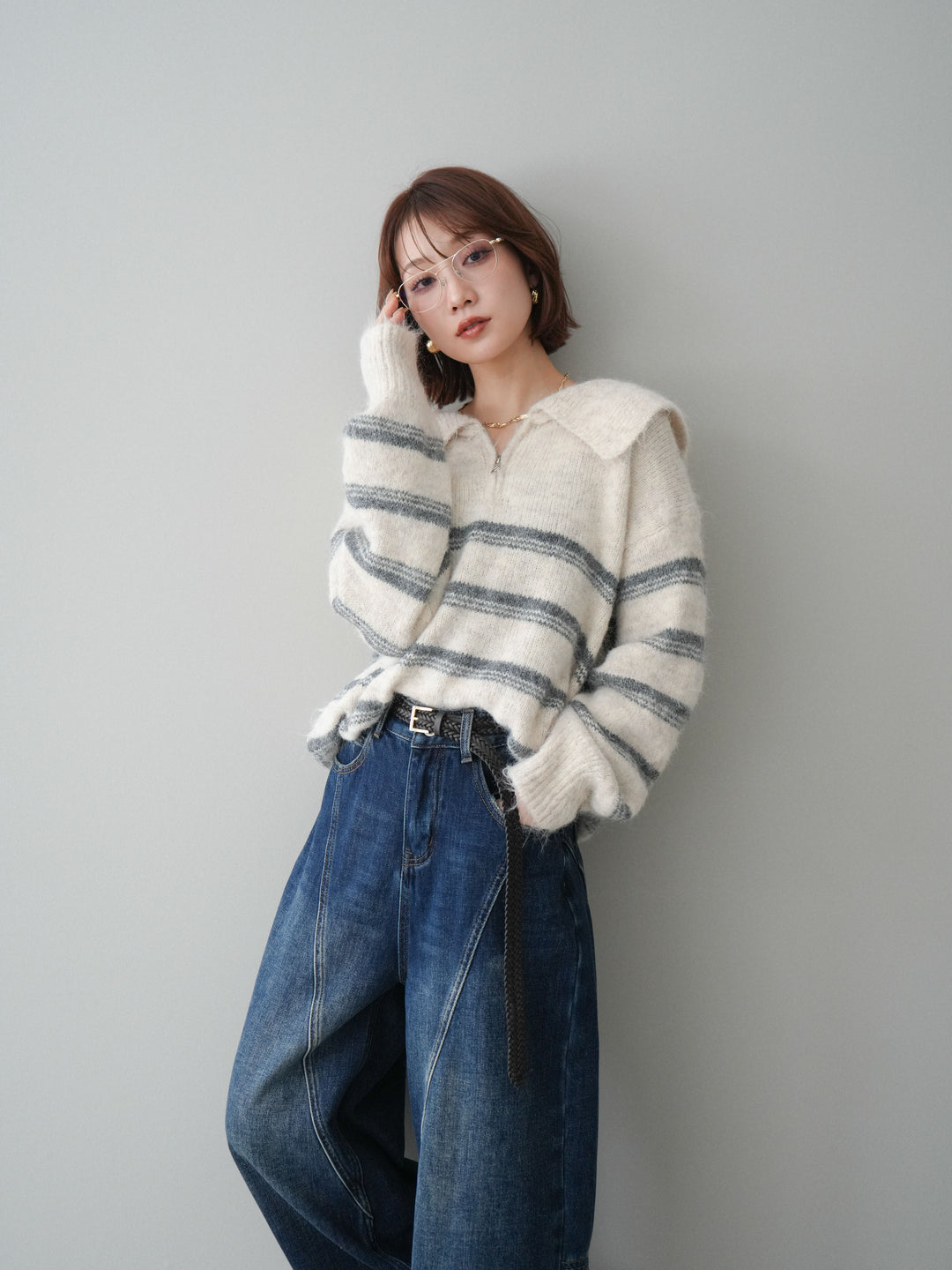 [予約]ハーフジップボーダーニットプルオーバー/ivory