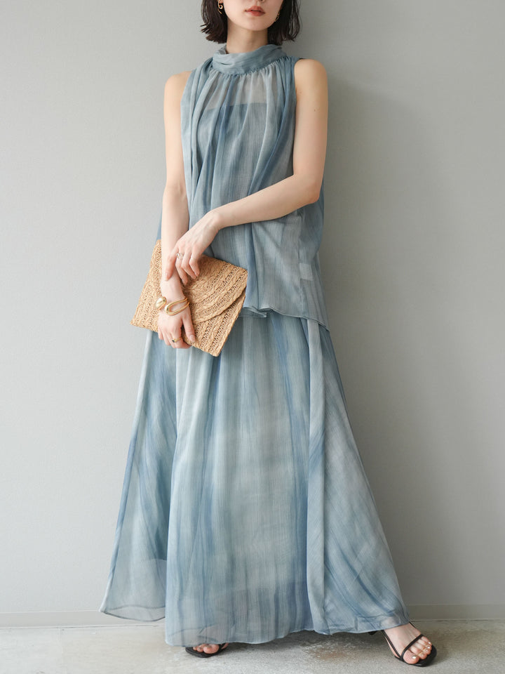 [SET]ニュアンスシアーホルターネックブラウス+ニュアンスシアーフレアスカート(2set)