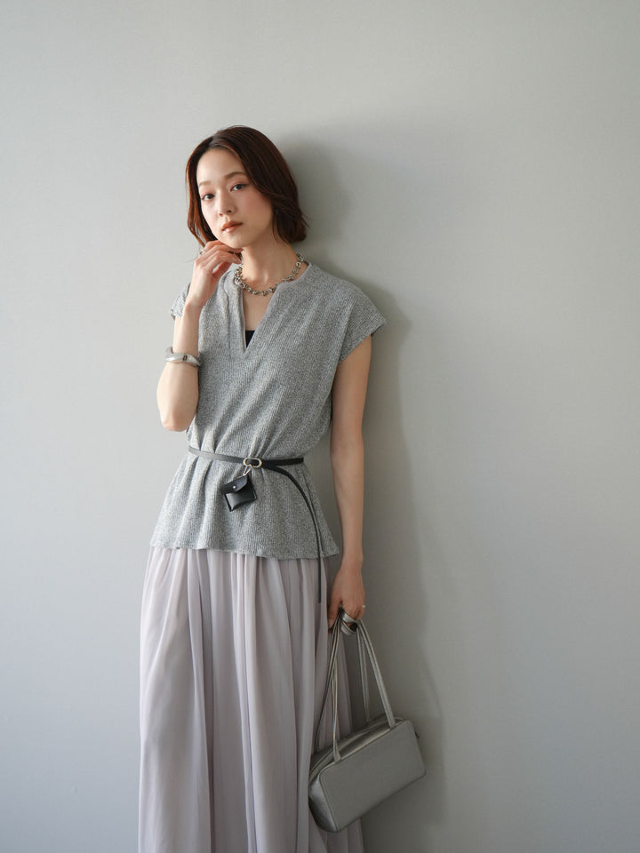 [予約]ベルト付シフォンコンビジャージワンピース/gray