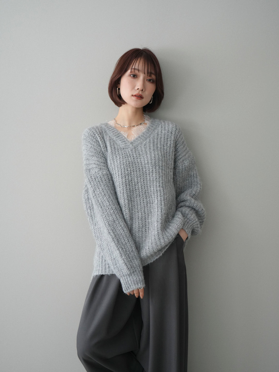 [SET]Vネックレースニットプルオーバー+選べるアクセセット(2set)