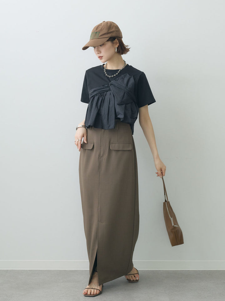 【着回しセット】[SET]ナイロンドッキングツイストTEE +ナイロンドッキングツイストTEE +クレープデシンフラップ付きストレートスカート(3set)