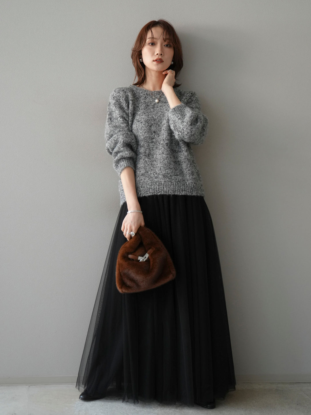 [SET]ロゴラベルミックスヤーンニットプルオーバー+チュールボリュームスカート(2set)