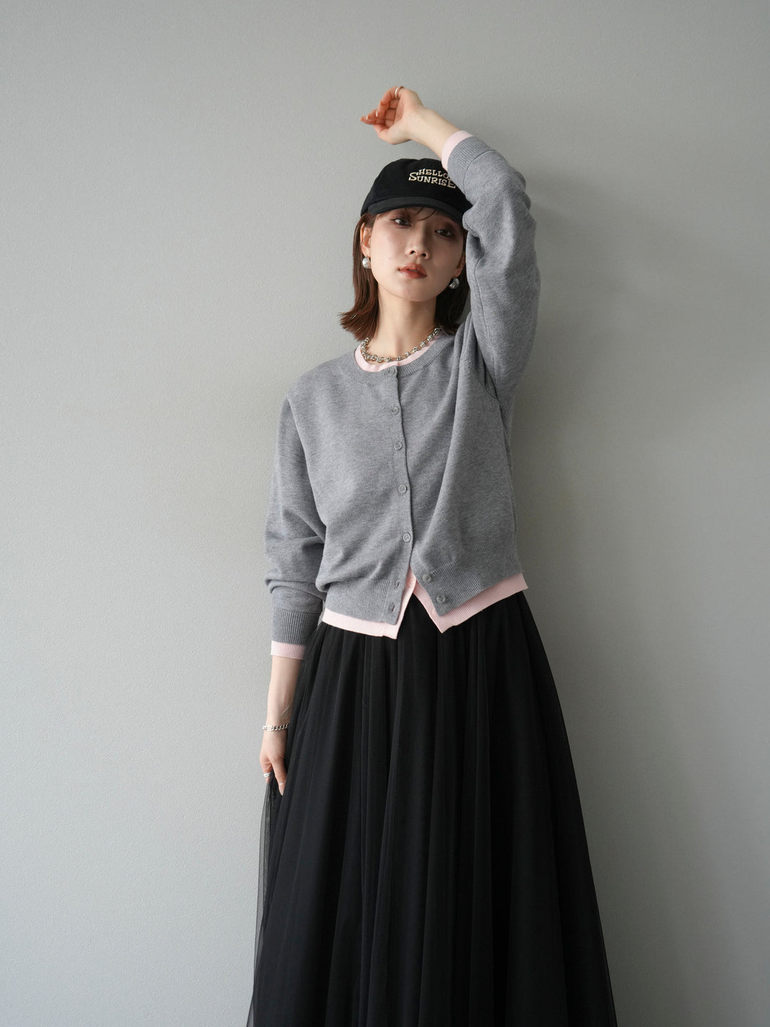 [SET]配色レイヤードカーディガン+チュールボリュームスカート(2set)