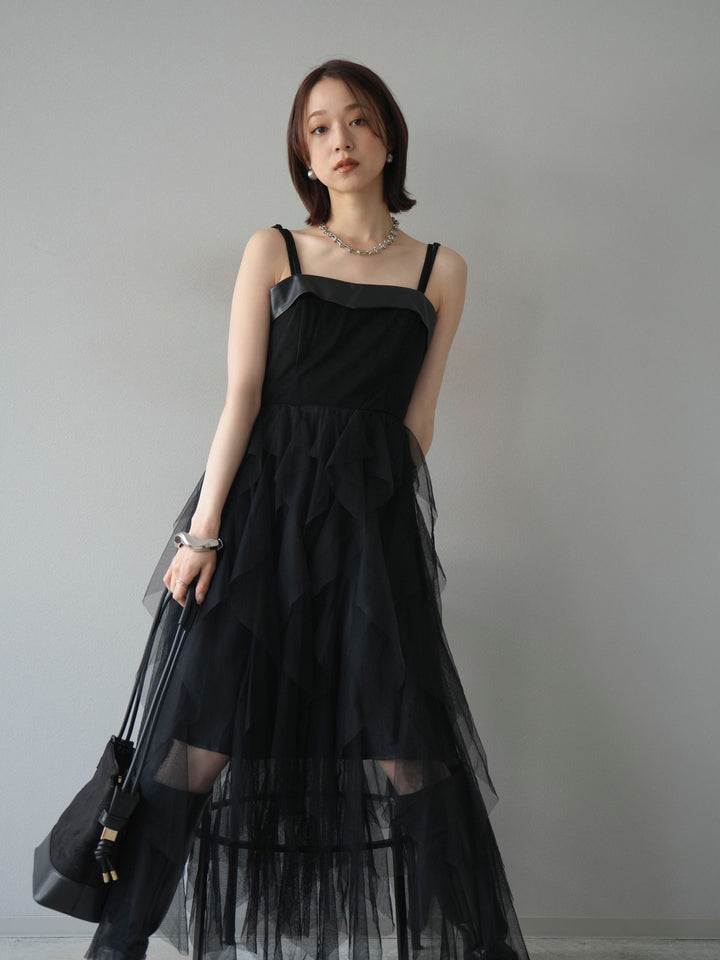 [予約]レザー切替チュールラッフルワンピース/black