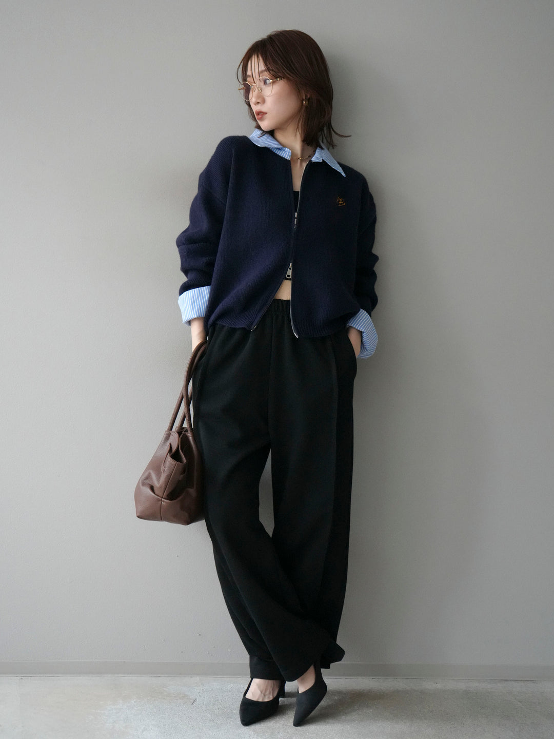 [SET]ストライプシャツレイヤードZIPニットカーディガン+2WAYデザインスウェットパンツ(2set)