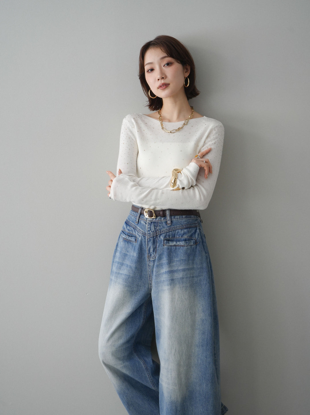 [SET]スパンコールシアーニットトップス+フロントポケットサイドタックワイドデニム(2set)