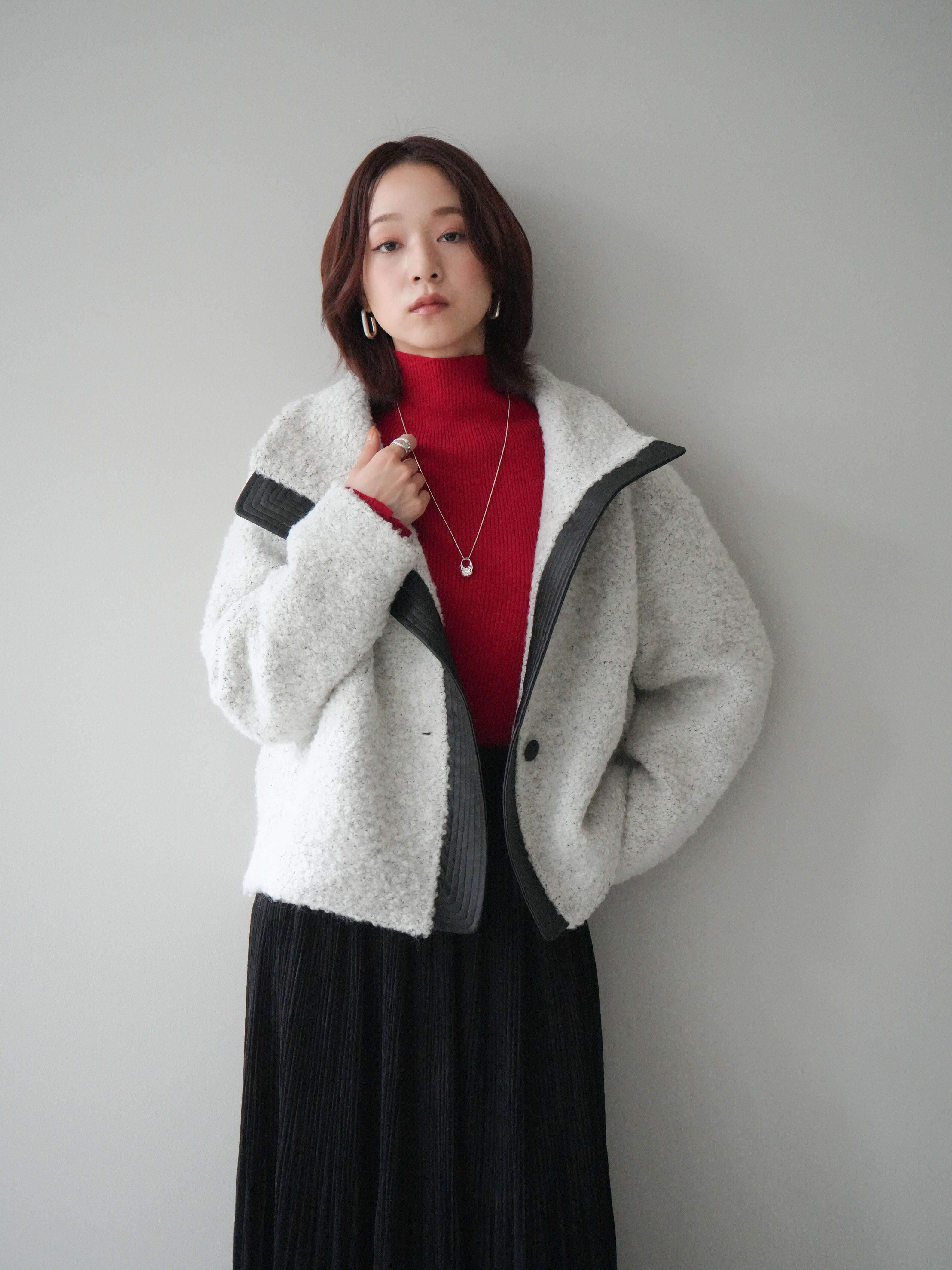 SET]レザー切替ブークレブルゾン+裾レーススウェードプリーツマキシ