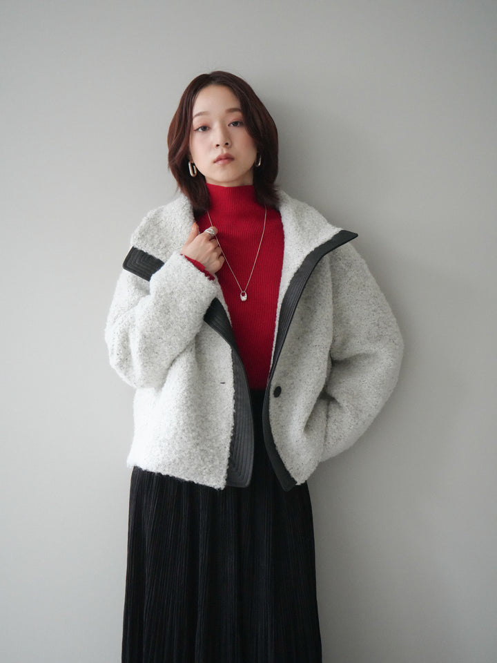 [SET]レザー切替ブークレブルゾン+裾レーススウェードプリーツマキシスカート(2set)