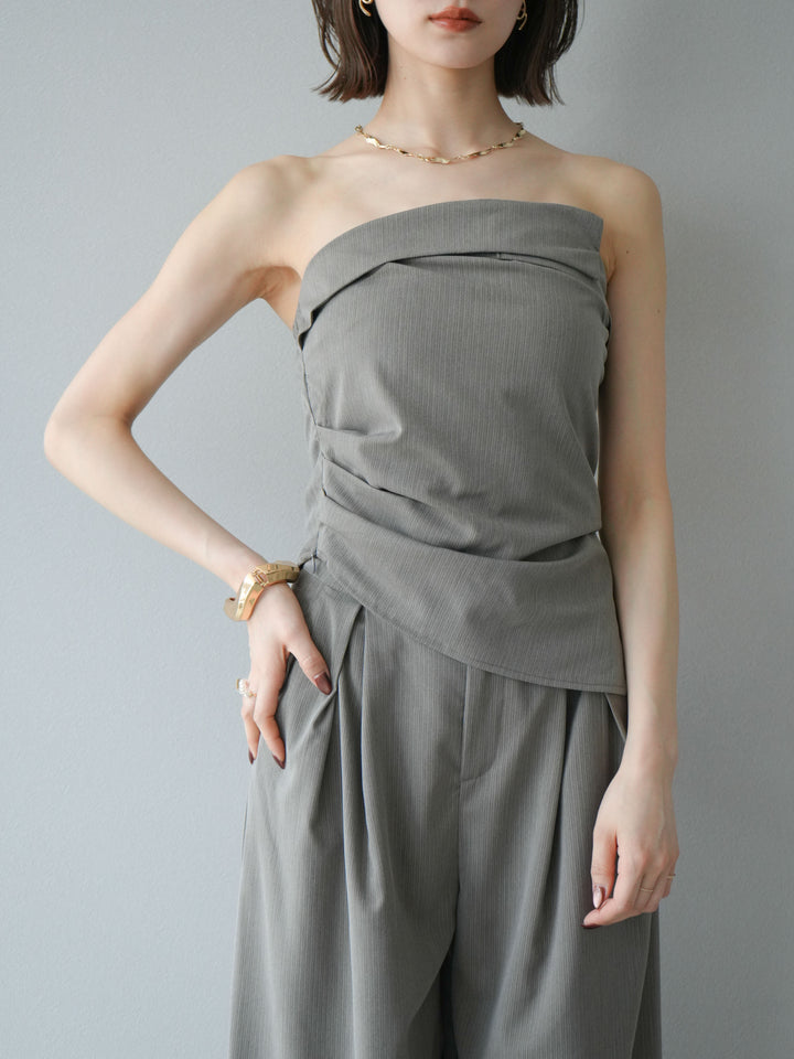 [SET] 條紋褶襉露肩上衣＆寬褲 SET UP (2set)