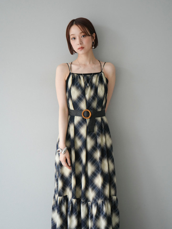 [予約]ベルト付チェックノースリーブワンピース/ブルー
