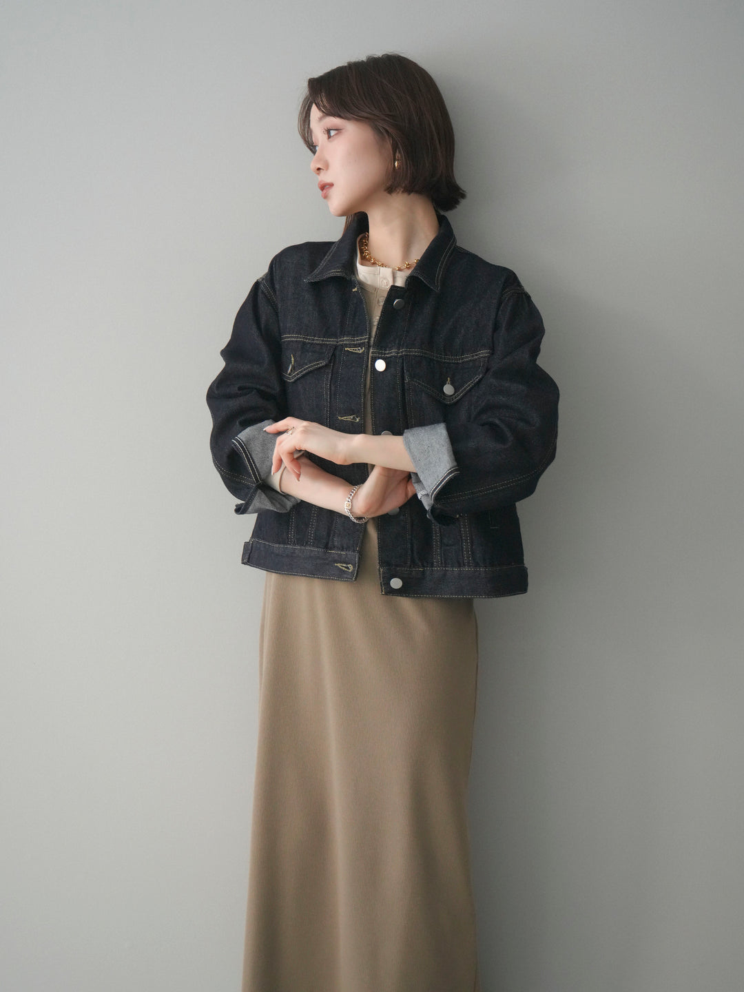 [SET]配色レイヤードヘンリーネックカットリブワンピース+配色ステッチデニムジャケット(2set)